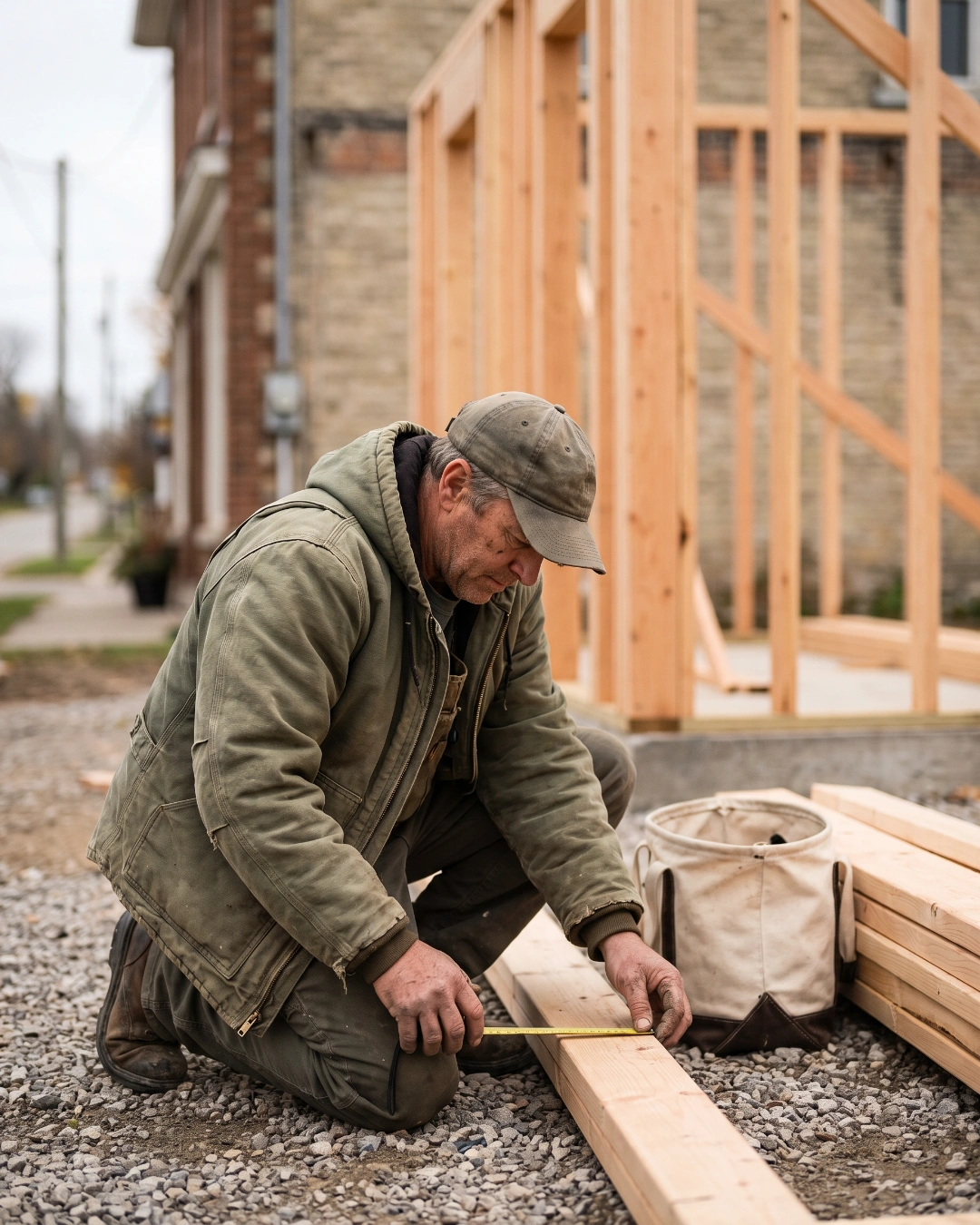 A contractor kneeling on a job site measuring a wooden beam with a tape measure