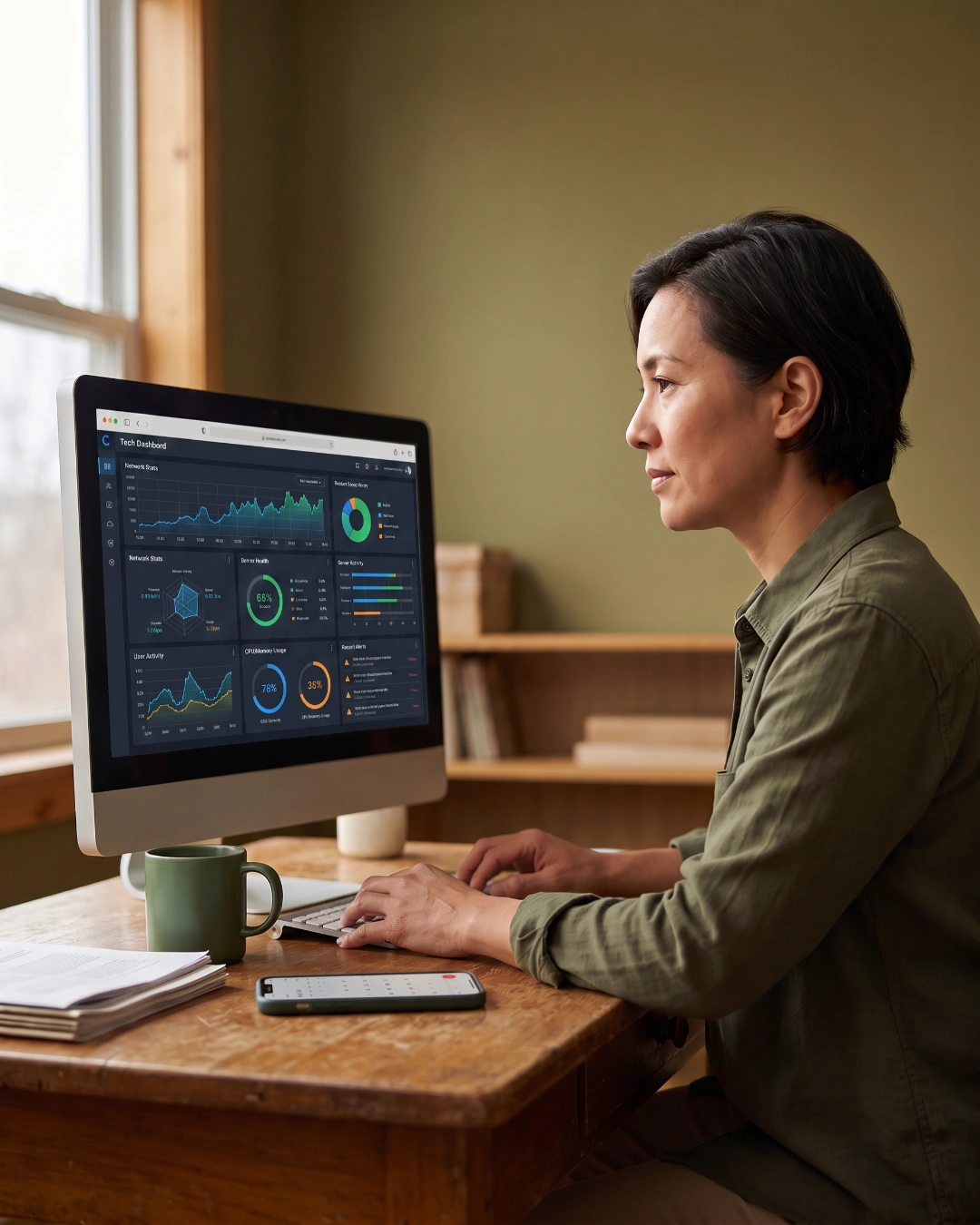 A business owner reviewing a technology dashboard on her computer