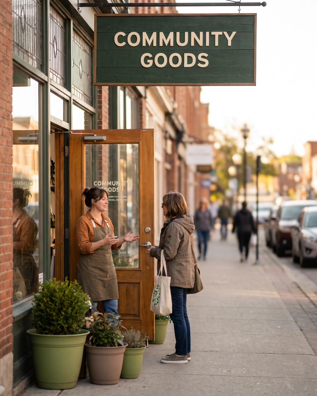 A small business owner greeting a customer outside her storefront