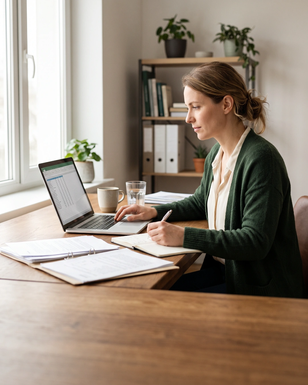 A consultant working at her desk with a laptop and paperwork
