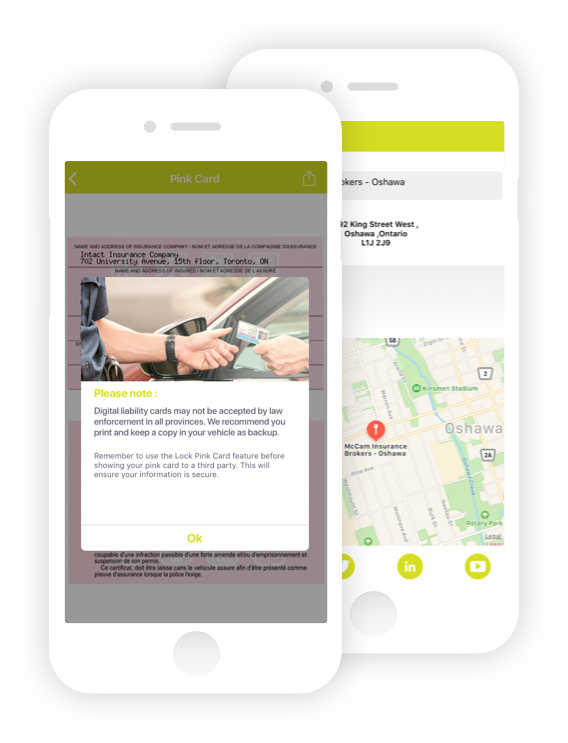 The MyMcCAM app showing a digital pink card screen and a nearby office location map