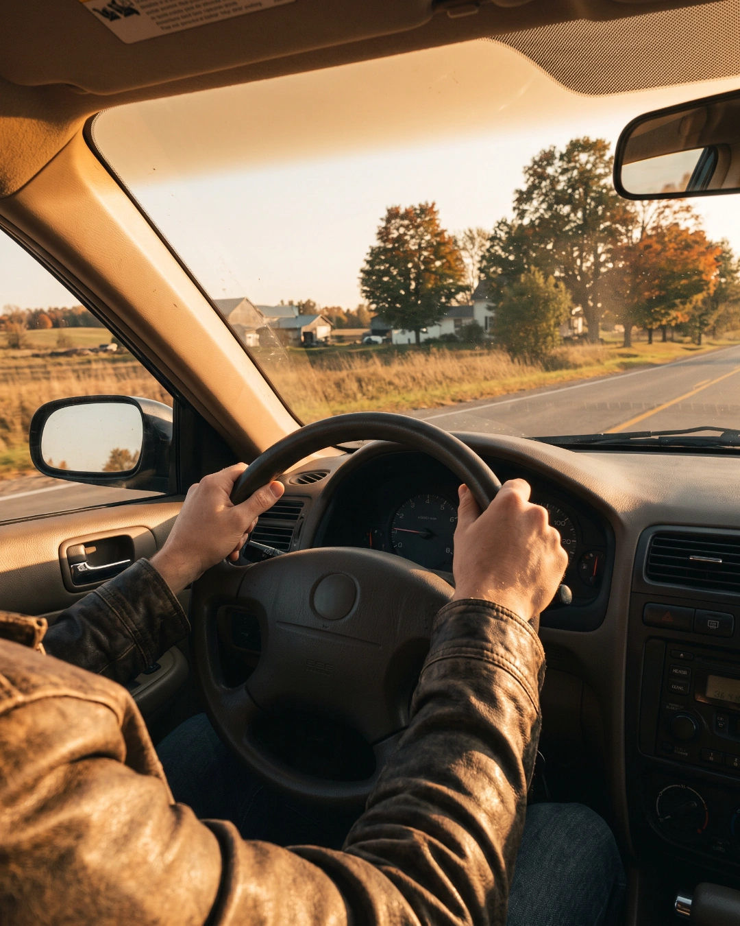 A driver's view from behind the wheel on a country road