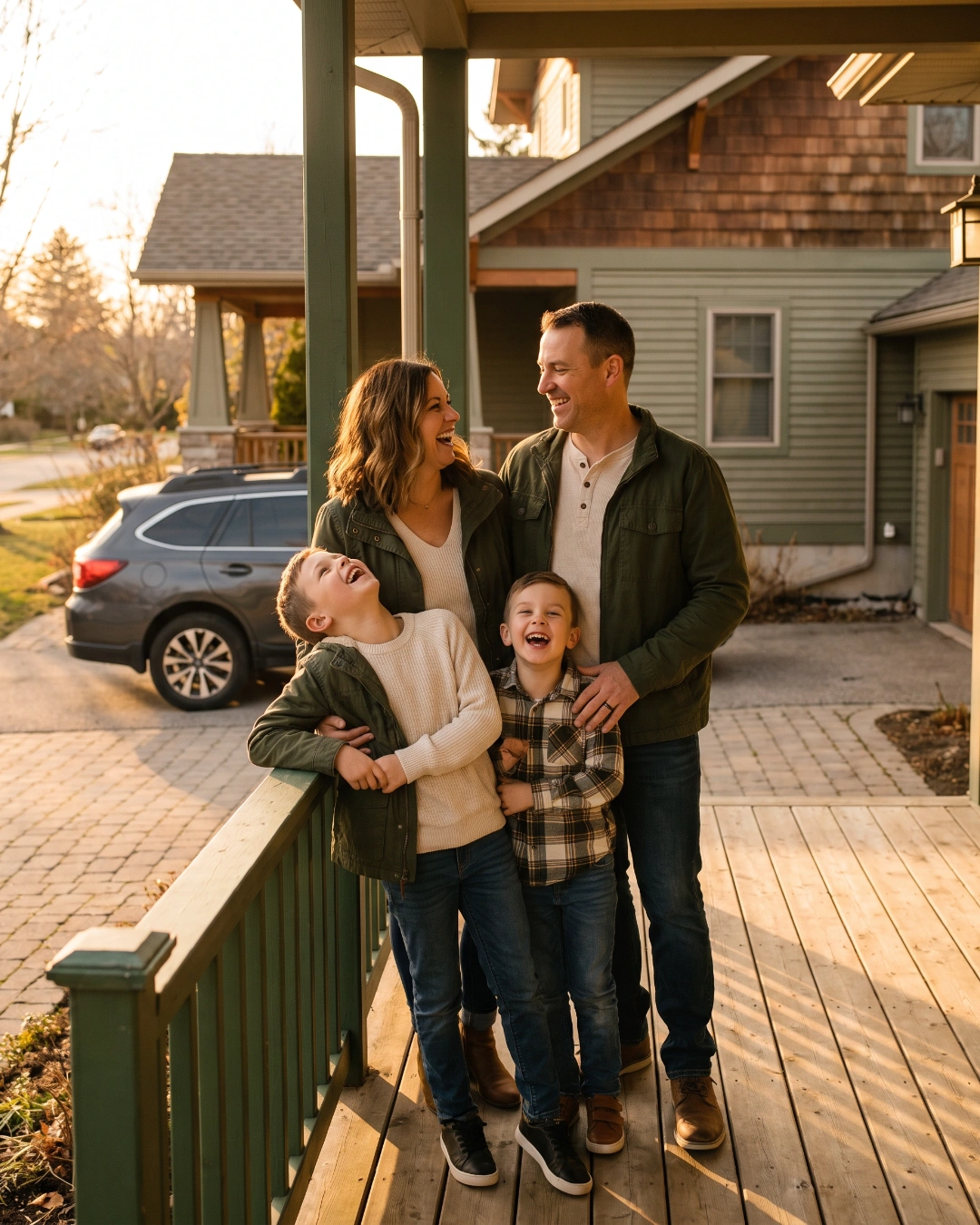 A family laughing together on their front porch, car and home visible behind them