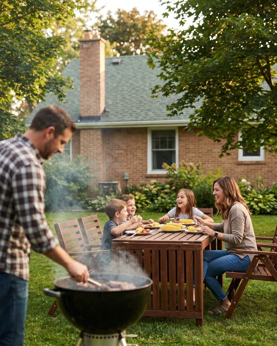 A family enjoying a backyard barbecue at their home