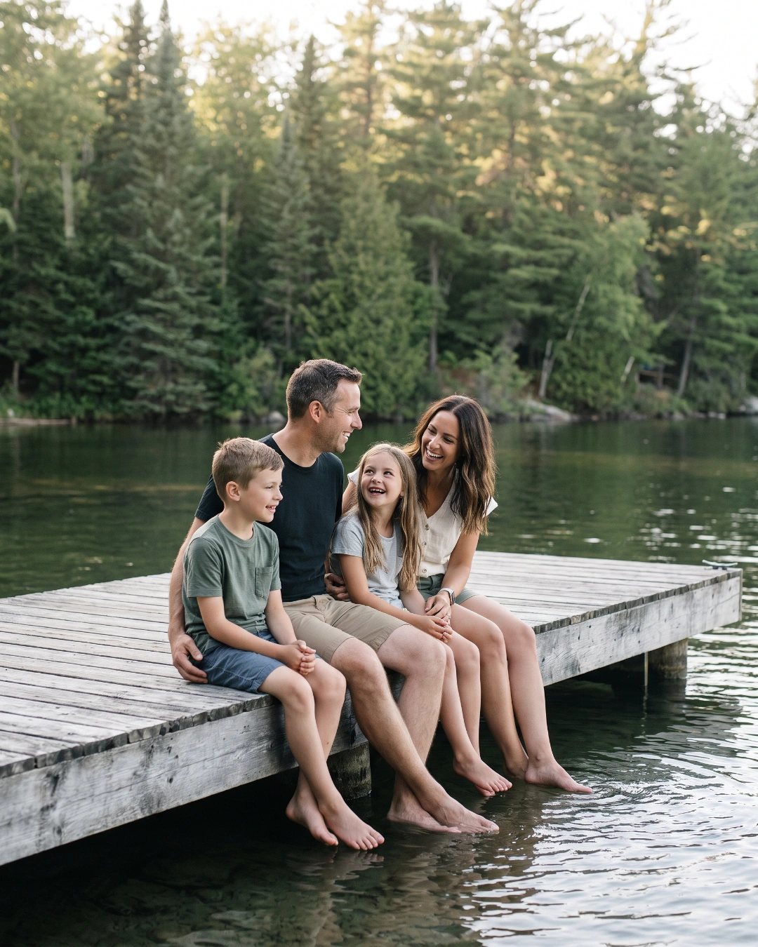 A family sitting together on a dock at a lake with their feet in the water